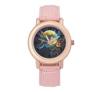 Moonlit Hummingbird Floral Women's Watch Pink Rose Gold Strap Wristwatch Minimalist Easy Reader Watchec