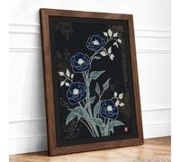 Moonlit Indigo Blooms Botanical Framed Wall Art Print A3 Walnut Frame