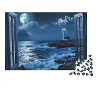 Moonlit Lighthouse 1000 Piece Men Women Adults Puzzle Window View of Moonlit Ocean And Lighthouse Premium Sturdy Vibrant Challenging Stress Relief 52x38cm/1000pcs