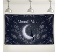 Moonlit Magic Wall Backdrop, Elegant Night Skyline Design with Cats and Moths, Dark Blue Indoor/Outdoor Photography Background for Parties and Events 71x43 Inch