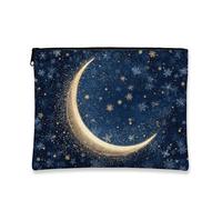 Moonlit Makeup Bag, Starry Night Cosmetic Travel Pouch for Women, Portable Small Canvas Zipper Organizer, Holiday Skincare Toiletry Bag, Navy, 7x9 Inch, Moon