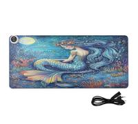 Moonlit Mermaid Starfish Blue Pattern Heated Desk Mat Large Heated Desk Pad Mat with 3 Heating Levels PU Leather Computer Accessories for Office Work Decor, 35.4x15.7in