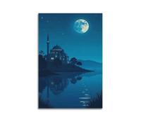 Moonlit Mosque Lake Wall Art, Calm Print, Night Poster, Serene Canvas Picture, Peaceful Decor for Living Room Artistic Wall Mural Modern Hanging Decor Poster16x24inch(40x60cm)