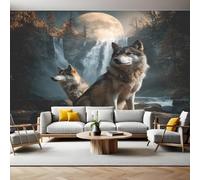 Moonlit Night Mural Wallpaper Animals Two Wolves Photo Wallpaper 3D Effect 200 x 140 cm Non-Woven Wall Mural Home Bedroom Living Room Tv Background Poster Decoration