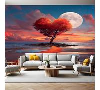 Moonlit Night Panoramic Mural Wallpaper 390 x 260 cm Love Tree red Wall Mural Non-Woven Art Print Wallpaper Living Room Bedroom Sofa TV Backdrop Decoration Poster Picture Photo