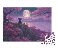 Moonlit Sakura Temple 1000 Piece Jigsaw Puzzles Moon Pagoda Cherry Mountain Adults Aged 12 And Above Educational Game Home Decoration Challenge High Difficulty Male And Female Birthday 70x50cm