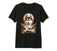 Moonlit Siberian Husky Forest Waterfall Night Premium T-Shirt