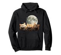 Moonlit Three Kitty Faces Sleeping Under Full Moon Pullover Hoodie