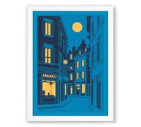 Moonlit Urban Street Modern Framed Wall Art Print A4 (29.7×21cm) White, Wall Decor for Living Room, Bedroom, Office & Home, Ready to Hang, Art Gift