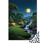 Moonlit Waterfall Cabin 1000 Pc Tear-Resistant Paper DIY Jigsaw Night Waterfall Puzzle for Stress-Relief Seekers Mindfulness Puzzle Party 70x50cm/1000pcs