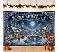 Moonlit Winter Village Scene Snowy Christmas Backdrop Banner 71x43 Inch | Ornate Silver Filigree Border, Photography Backdrop, Vintage Winter Scenery, Serene Moonlight, Classic Architectural Details