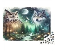 MoonlitWildernessScene 1000 Pieces Jigsaw Puzzle for Adults & Children, Eco-Friendly Cardboard, Owl Wolf Forest, Brain Teaser Entertainment, Improves Hand-Eye Coordination 70x50cm/1000pcs