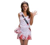 Moonlove 4pcs Women Bloody Prom Queen Costume Outfit, White Dress with Sash, Crown and Blood Splattered Flower Bouquet, Gothic Horror Adult Fancy Dress Halloween Accessory Cosplay Party Props