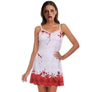 Moonlove 4pcs Women Bloody Prom Queen Costume Outfit, White Dress with Sash, Crown and Blood Splattered Flower Bouquet, Gothic Horror Adult Fancy Dress Halloween Accessory Cosplay Party Props