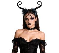 Moonlove Black Spiral Fairy Antenna Headband Dark Elf Fancy Dress Headpiece | with Beaded Forehead & Sheer Mesh Flowers Gothic Halloween Costume Devil Horn Hair Hoop Cosplay Party Accessory