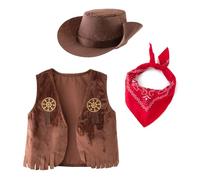Moonlove Kids Western Wild Cowboys Cowgirls Costume Set with Waistcoat Neckerchief Wide Brim Hat, Boys Girls Halloween Cosplay Adorable Cowboy Fancy Dress Outfit Kit