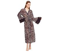 Moonlove Ladies Leopard Print Plus Size Maxi Robe Long Bell Sleeves with Ruffle Trim Sheer Mesh Sexy Pajamas Cover-up Floor Length Low-Cut Bathrobe Loose Fit Long Sleeve Nightwear Sleepwear