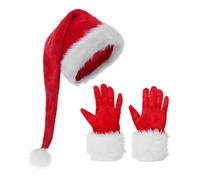 Moonlove Long Santa Hat and Velvet Gloves Set Unisex Teens Adults Christmas Festival Costume Plush Pompom Hat Furry Faux Fur Brim Gloves Xmas Santa Cosplay Fancy Dress Props