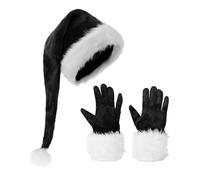 Moonlove Long Santa Hat and Velvet Gloves Set Unisex Teens Adults Christmas Festival Costume Plush Pompom Hat Furry Faux Fur Brim Gloves Xmas Santa Cosplay Fancy Dress Props