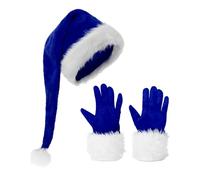 Moonlove Long Santa Hat and Velvet Gloves Set Unisex Teens Adults Christmas Festival Costume Plush Pompom Hat Furry Faux Fur Brim Gloves Xmas Santa Cosplay Fancy Dress Props