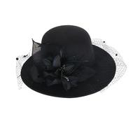 Moonlove Luxury Wool Fedora with Dramatic Veil & Silk Bloom, British Vintage Wide Brim Felt Cloche Bucket Bowler Hat for Elegant Women Ladies Christmas Wedding Evening Party Derby Fascinator Black
