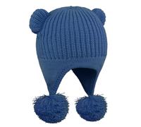 Moonlove Unisex Kids Winter Knitted Hat with Warm Earflaps, Baby Toddler Cute Bear Ears Double Pom Pom Hat Thick Fleece Lined Beanie Thermal Windproof Earflaps Cap for 1-3 Years Girls Boys Blue