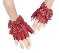Moonlove Women Girls Studded Punk Gloves Stylish Bowknot PU Leather Fingerless Gothic Half Finger Cosplay Mittens Rock Jazz Hiphop Band Performance Club Dance Gloves