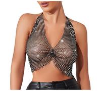 Moonlove Women Glitter Sequins Rhinestone Halter Crop Top Stylish Sexy V Neck Sleeveless Backless Adjustable Bowknot Camisole Tank Top Shiny Strappy Dance Costume Outfit for Party Club Festival Black