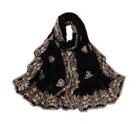 Moonlove Women Long Black Headscarf with Embroidered Patterns, Lady Breathable soft Hijab Scarf Elegant Turban Shawl Head Wrap Accessory for Holiday Church Prayer Sun Protection