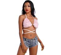 Moonlove Women Rave Bra Top Strappy Halter Crop Top Triangle Fluffy Lingerie Bralette Faux Fur Camisole Tanks Festival Party Dance Hot Clubwear