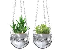 moonoom 2 Pcs Sliver Disco Ball Planter with Chain,Home Boho Hanging Planter,4Inch Hanging Mirror Ball Flower Pots for Indoor Outdoor Plants