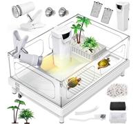 MoonOrange Small Turtle Tank Kit(Tank+Light+Filter), Acrylic Turtle Tank Starter Kit with Bask Platform, Bottom Drain, Multi-Function Area for Small Reptiles.(White)