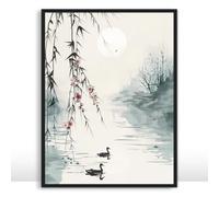 Moonow7 Bamboo Moon Wall Art Prints, Small Asian Poster in Chinese Ink Painting with Teal Landscape and Ducks for Living Room or Bedroom, Office Display, Unframed Size 20x25 cm / 8x10″