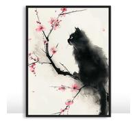 Moonow7 Black Cat and Plum Blossom Wall Art Prints, Small Asian Print in Chinese Ink Painting, Botanical Artwork for Living Room or Bedroom, Unframed Size A4 21x29.7 cm / 8x12″