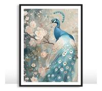 Moonow7 Blue Peacock Wall Art Poster, Asian Botanical Bird Print with Magnolia Blossoms, Elegant Chinese Style Decor for Bedroom, Living Room, Office, Unframed Size 30x40 cm / 12x16″
