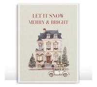Moonow7 Christmas House Wall Art Poster, Elegant Watercolor Art Prints, Festive European Townhouse Picture for Wall Decor in Living Room, Entryway, Merry and Bright Gift, Unframed Size A3 / 29.7x42cm