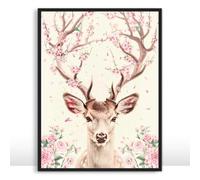 Moonow7 Floral Deer Poster Wildlife Wall Decor Pink Cherry Blossom Art Print for Living Room, Bedroom, Nursery, Unframed Size A4 21x29.7 cm / 8x12″