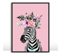 Moonow7 Floral Zebra Poster, Pink Animal Wall Art Print, Whimsical Decor for Bedroom, Nursery, Living Room, Unframed Size A4 21x29.7 cm / 8x12″