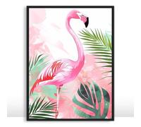 Moonow7 Pink Flamingo Wall Art, Tropical Wildlife Print for Living Room, Bathroom, Bedroom, Coastal Home Decor, Unframed Size 30x45 cm / 12x18″
