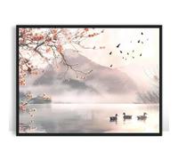 Moonow7 Serene Lakeview Wall Art Prints, Large Asian Poster, Peach Blossom and Birds in Zen Art Landscape for Living Room or Bedroom, Reading Nook Wall Decor, Unframed Size 45x60 cm / 18x24″