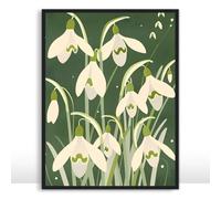 Moonow7 Snowdrop Flower Poster, Elegant White Bloom Prints on Green Background for Bedroom, Living Room, or Kitchen, Unframed Size 20x25 cm / 8x10″