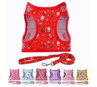 Moonpet Step in Air Christmas Xmas Day Dog Harness Leash Set- All Weather Reflective No-Pull Floral Pattern Padded Mesh Vest for Cats Puppy Extra-Small Small Medium Large Dogs - M, Christmas Red