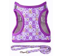 Moonpet Step in Air Dog Harness Leash Set- All Weather Reflective No-Pull Floral Pattern Padded Mesh Vest Harness for Cats Puppy Extra-Small Small Medium Large Dogs - Purple Flower M