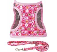 Moonpet Step in Air Dog Harness Leash Set- All Weather Reflective No-Pull Floral Pattern Padded Mesh Vest Harness for Cats Puppy Extra-Small Small Medium Large Dogs - Pink Flower S