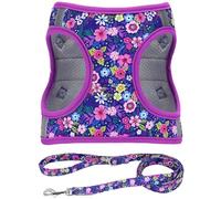 Moonpet Step-in Dog Harness and Leash Set, Weatherproof, Reflective, No Pull, Floral Pattern, Padded, Mesh Fabric, for Cats, Puppies, Small Dogs, Small, Medium and Large Dogs, Dark