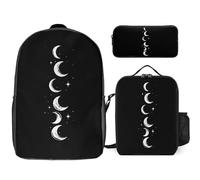 Moons Phases Trendy Backpack Set for Unisex Lightweight 17inch Daypack with Lunch Bag And Pencil Case 3pcs