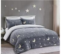 Moons & Stars Glow In The Dark Teddy Fleece Duvet Cover with Matching Pillowcase 100% Polyester Easy Care Soft Bedding Set (Charcoal, Double)