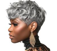 MOONSHOW Short Grey Wig for Black Women, Grey Pixie Cut Wig, Short Grey Wigs for Black Women, Synthetic Pixie Wig, Grey Curly Wig for Old Women