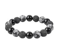 moonsix Natural Round Stone Beaded Triple Protection Bracelet for Women and Men, Adjustable Elastic Jewelry for Essential Oils Diffuser, 8.5 inches, Lava Stone, Snowflake Obsidian, Black Obsidian, no