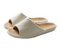 MOONSIYU Men's Summer Straw Weaving Stripe Canvas Open-toe Home Slippers Mens Casual Flax Soft Light EVA Sole Shoes (4.5/5 UK 37/38,Beige)
